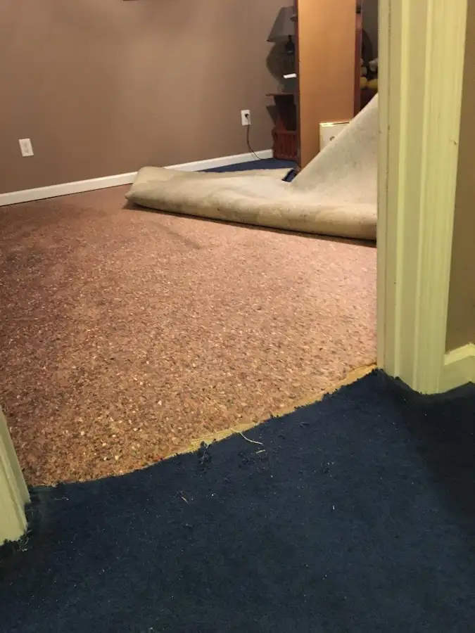 Carpet pad removal revealing water damage during Drying & Dehumidification in Kiryas Joel